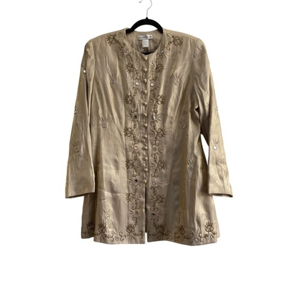 Vtg Justin Taylor Gold Embroidered Mirror Beaded Tunic Jacket Size 14 Champagne - Picture 2 of 9